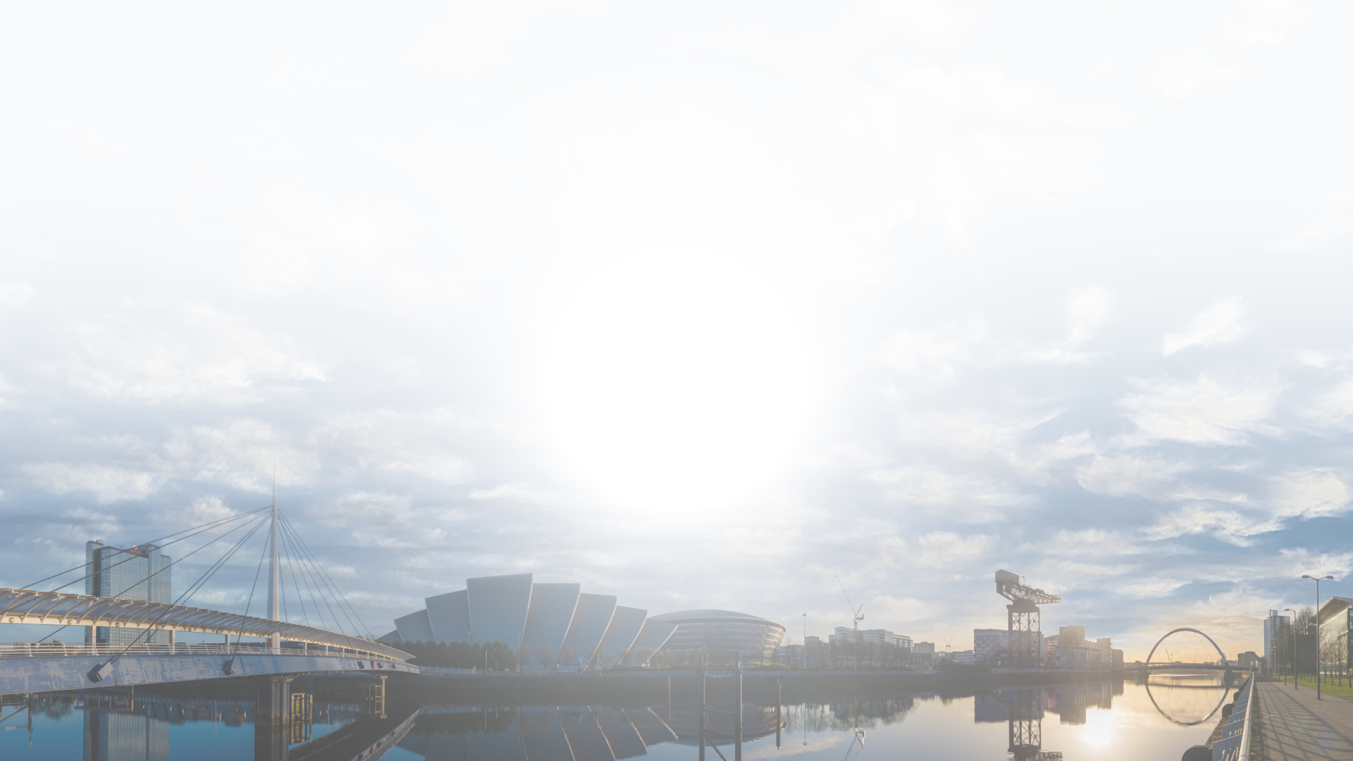 The view from Bells Bridge, Glasgow, during a springtime sunrise. Including the SSE Hydro, Finnieston Crane and Glasgow Eye bridge.